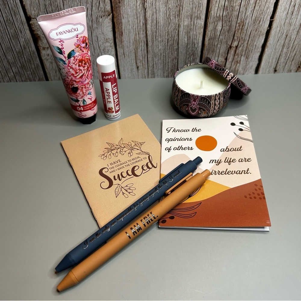 Self Care Kit Notebooks Pens Candle Hand Cream Lip Balm Gift Set
